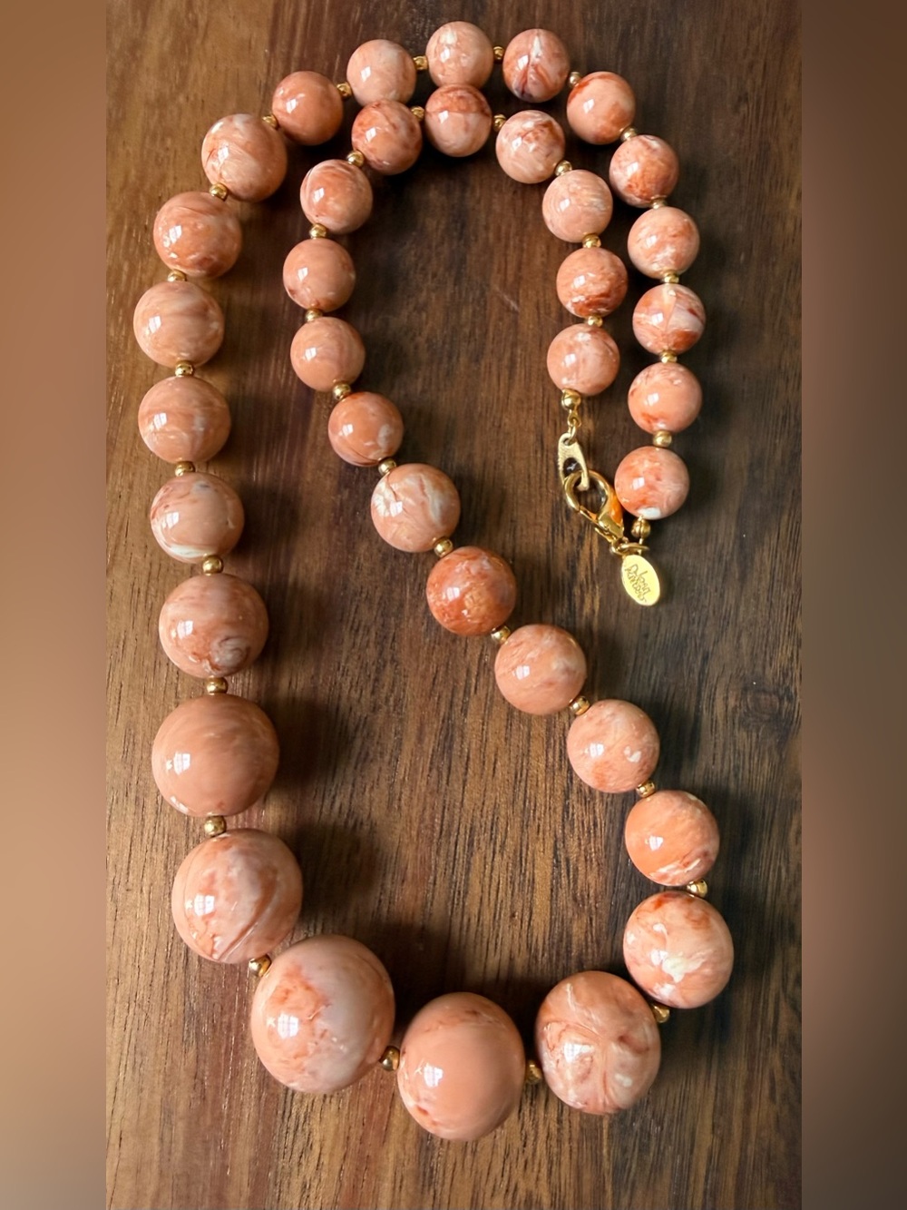 Joan Rivers Peach Marble Beaded Necklace Gold-Tone Accents Acrylic Graduated